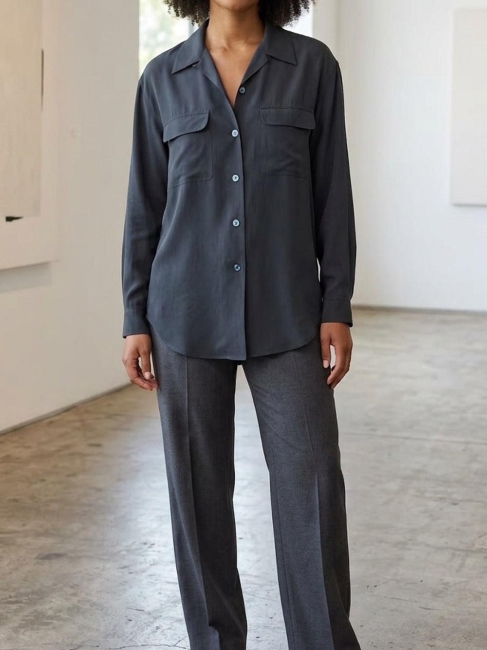Public Womens Oversized black 100% silk collared button down blouse size small